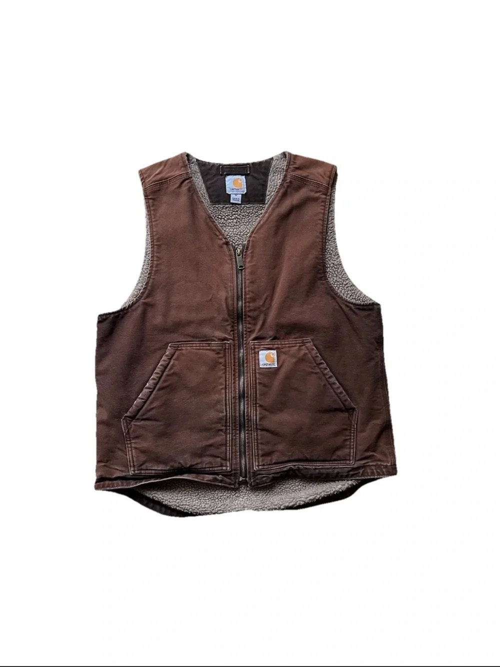 VTG Carhartt Canvas Sherpa Lined Faded Brown Workwear Vest Size Medium